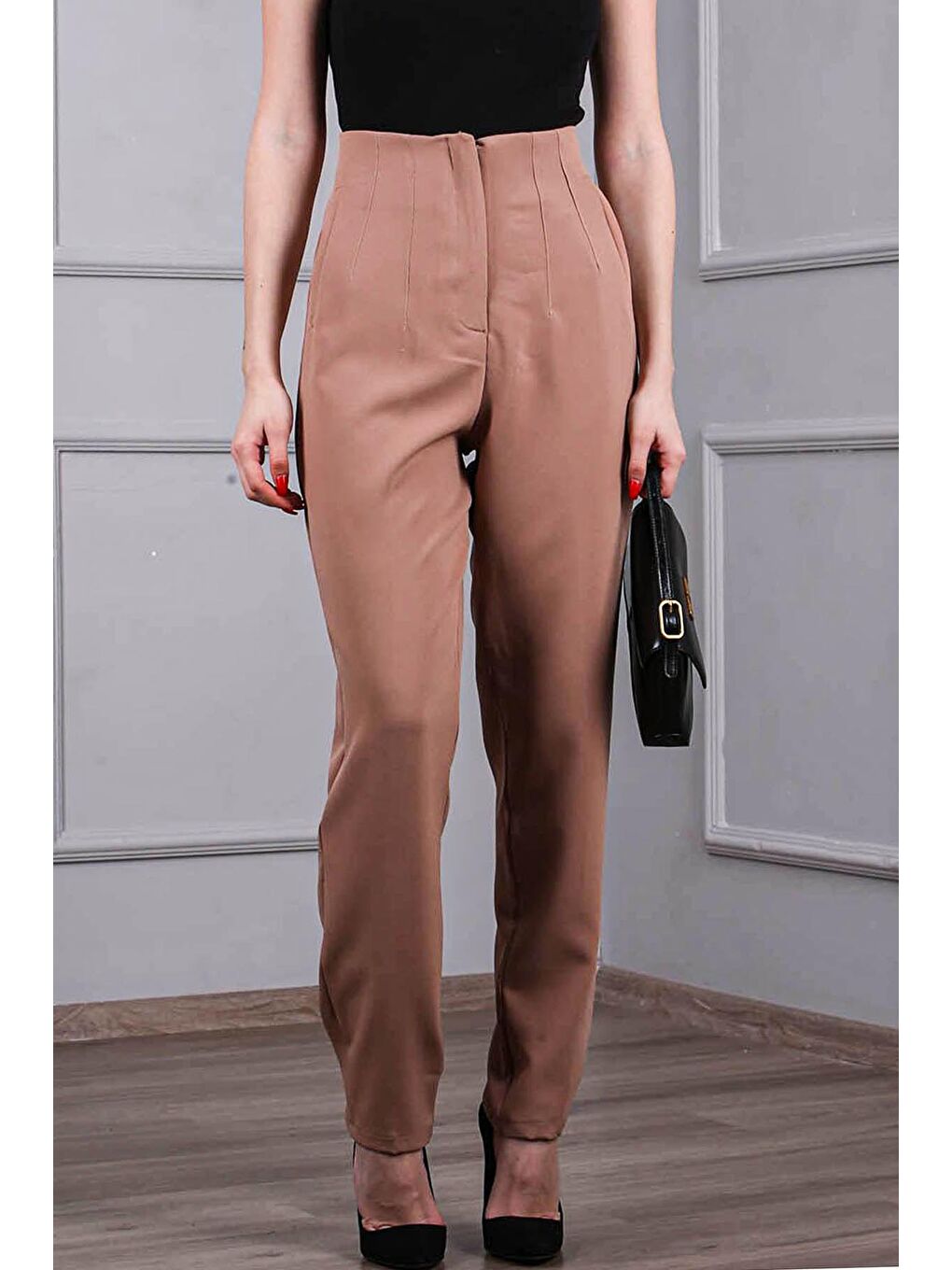 Bej Yüksel Bel Boru Paça Kadın Pantolon Mg1667-1