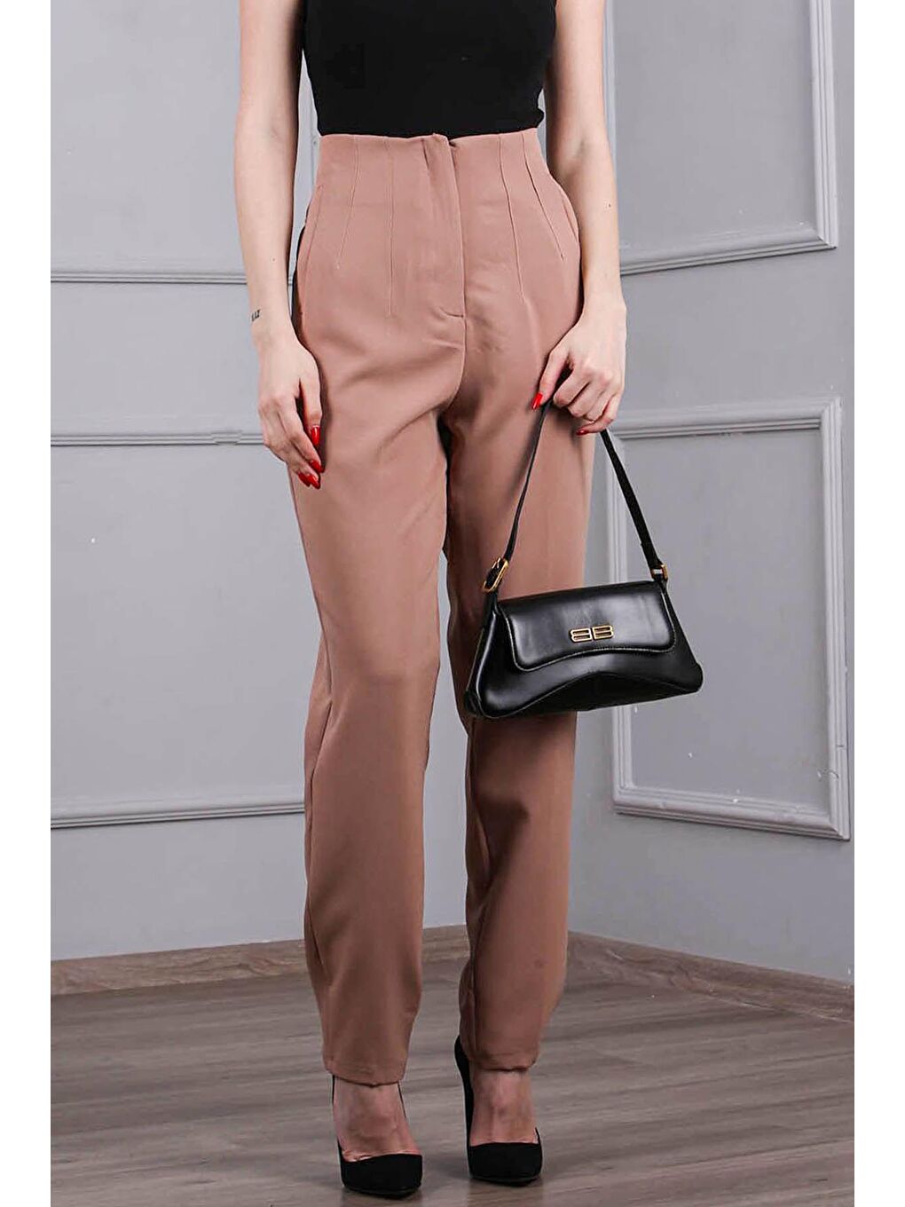 Bej Yüksel Bel Boru Paça Kadın Pantolon Mg1667-2