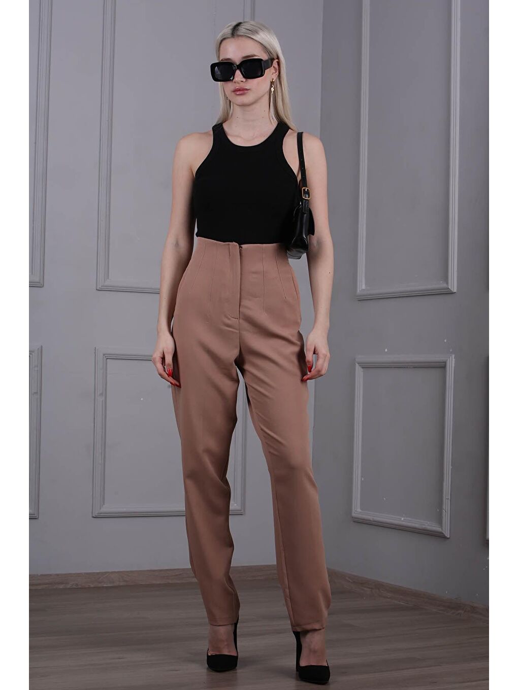 Bej Yüksel Bel Boru Paça Kadın Pantolon Mg1667-3
