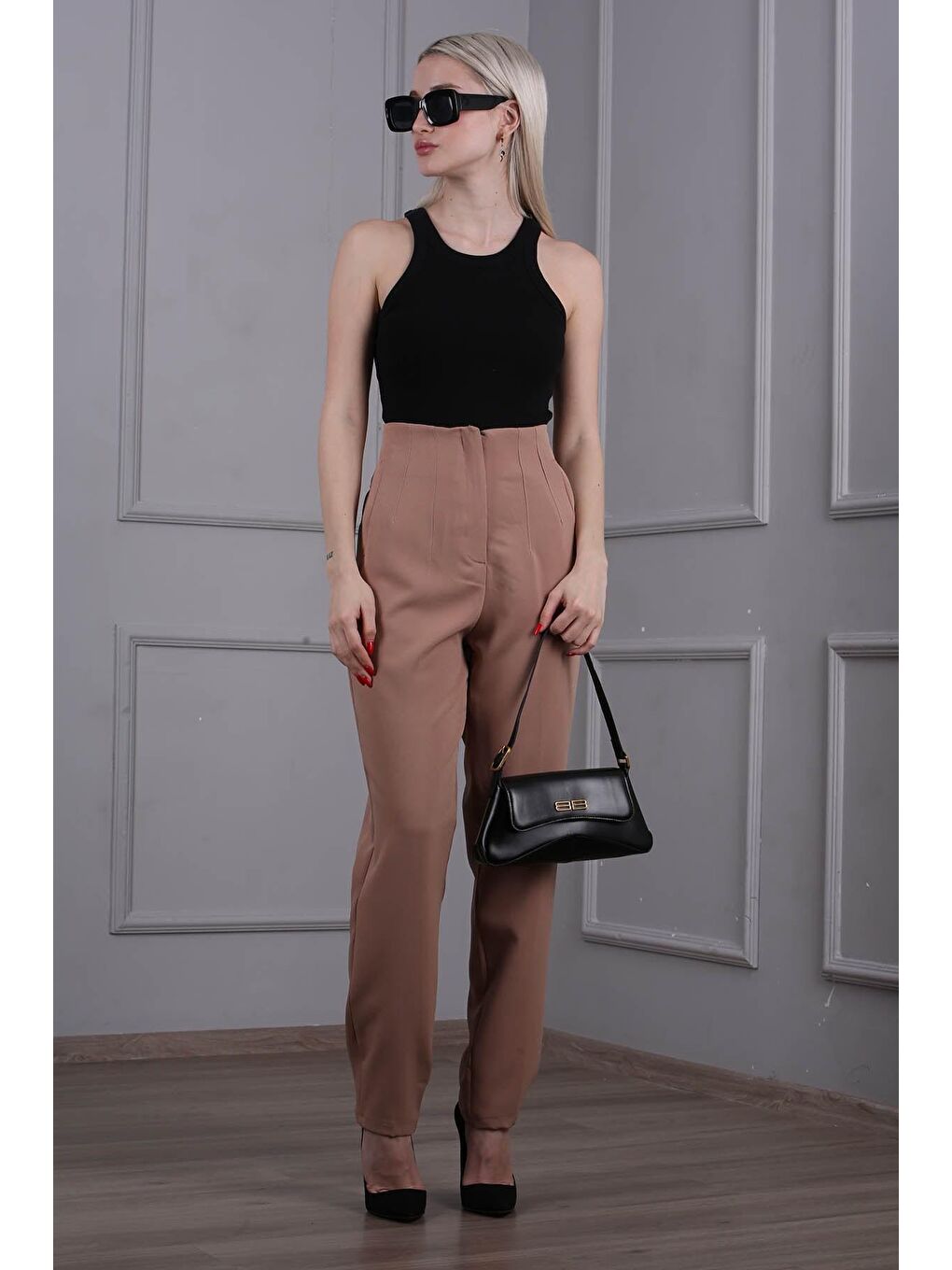 Bej Yüksel Bel Boru Paça Kadın Pantolon Mg1667-4