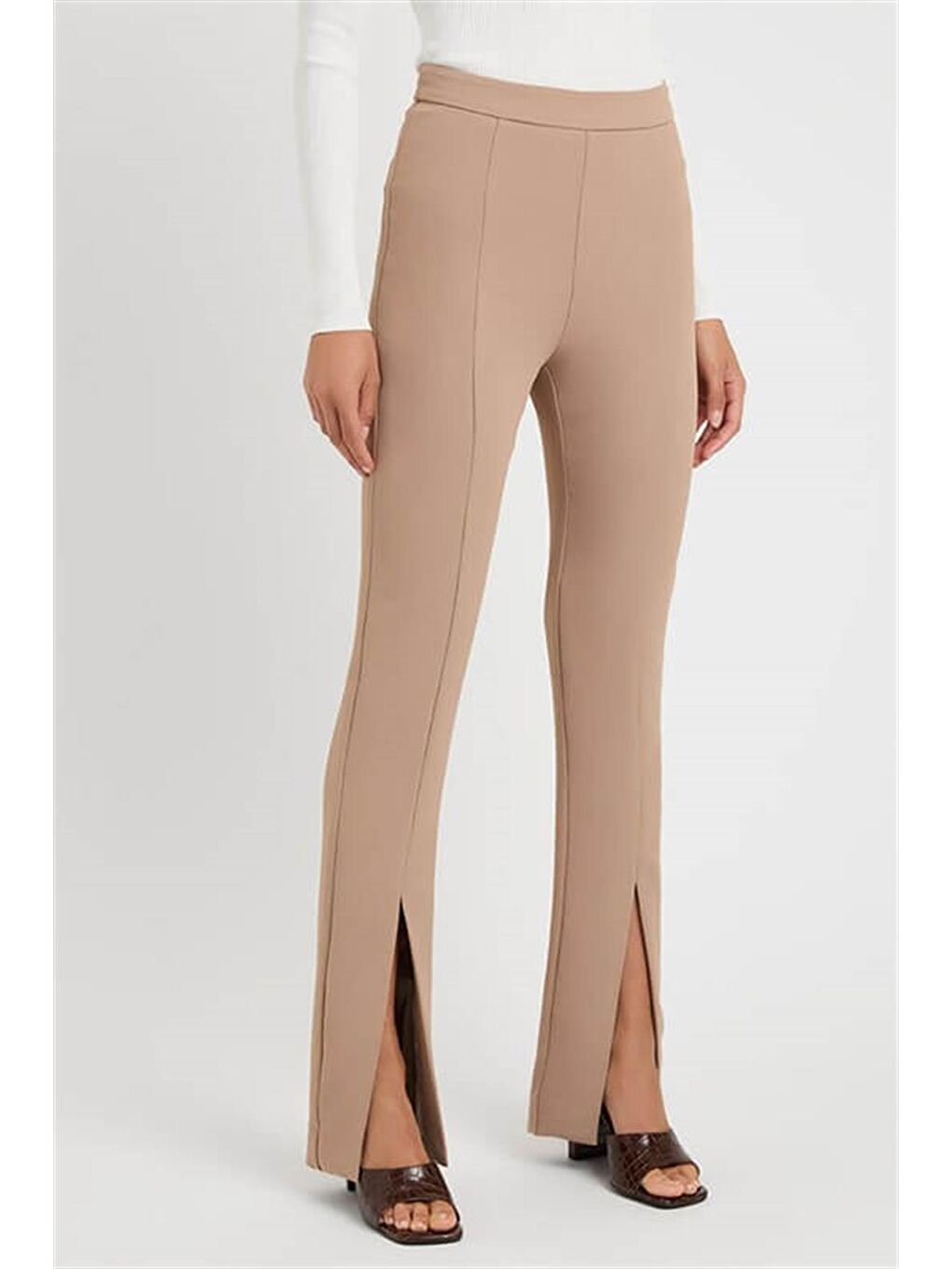 Bej Yüksek Bel Paçası Yırtmaçlı Kadın Pantolon Mg1651-1