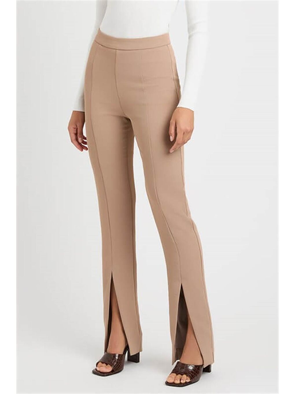 Bej Yüksek Bel Paçası Yırtmaçlı Kadın Pantolon Mg1651-2