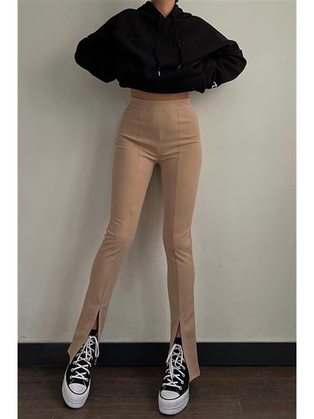 Bej Yüksek Bel Paçası Yırtmaçlı Kadın Pantolon Mg1651-3