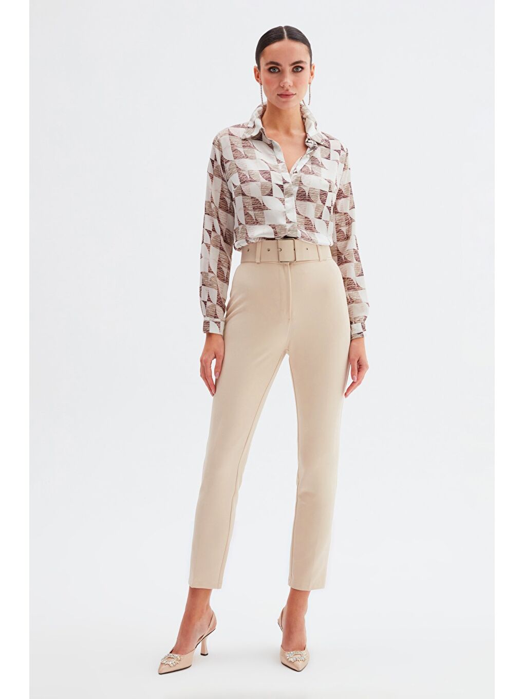 Yüksek Bel Kemerli Pantolon - Bej-1