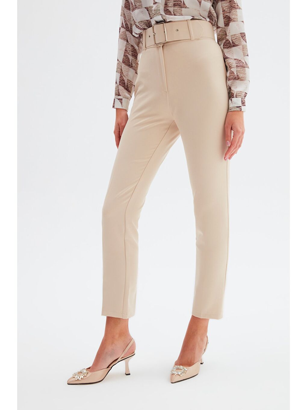 Yüksek Bel Kemerli Pantolon - Bej-2