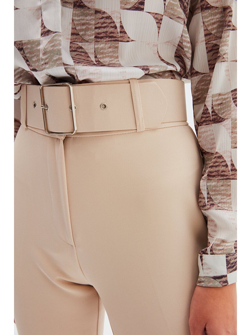 Yüksek Bel Kemerli Pantolon - Bej-3