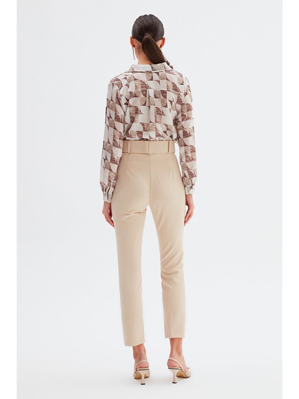 Yüksek Bel Kemerli Pantolon - Bej-4