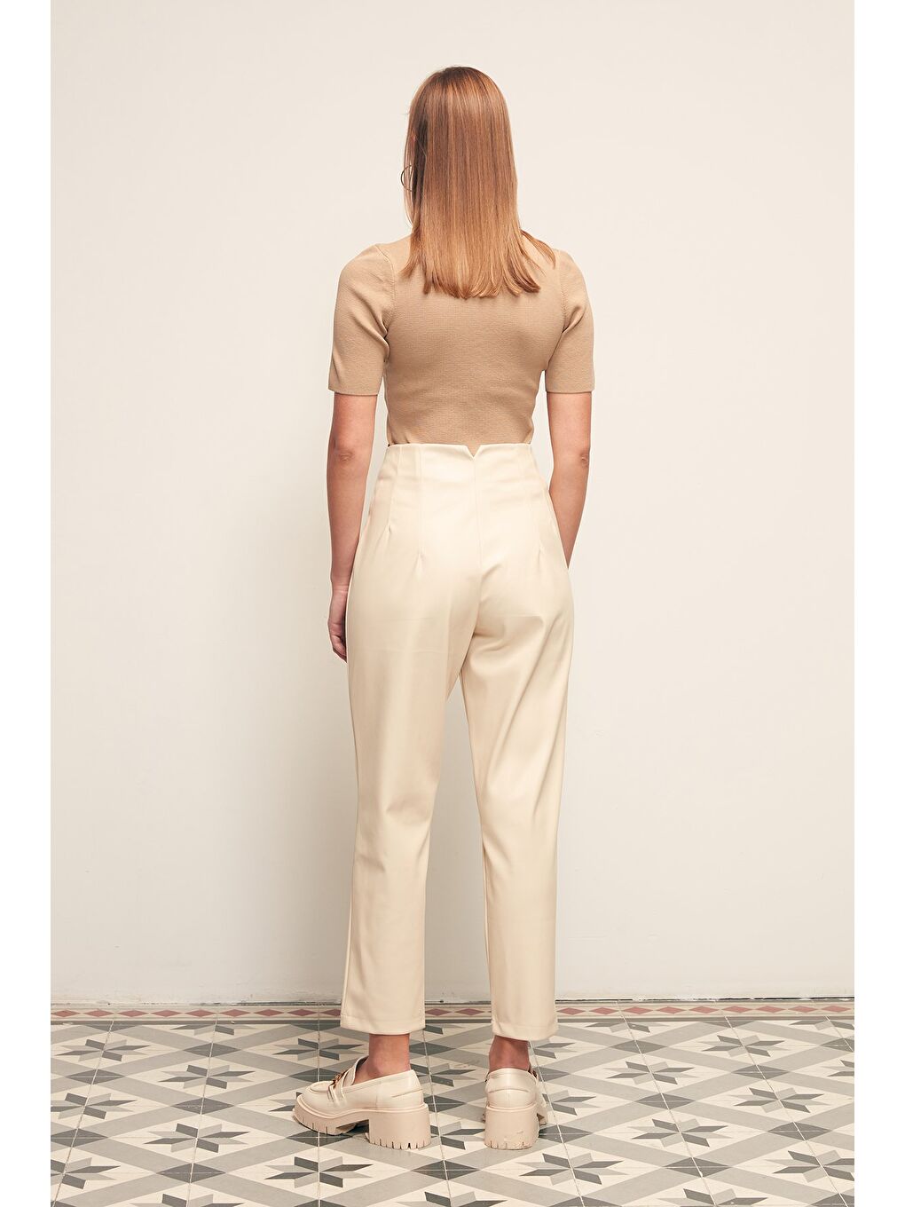 Bej Pileli Deri Pantolon - Taş-7