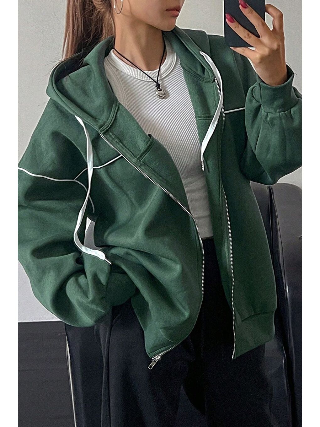 Kadın Nefti Yeşil Biye Detay Kapüşonlu Hırka