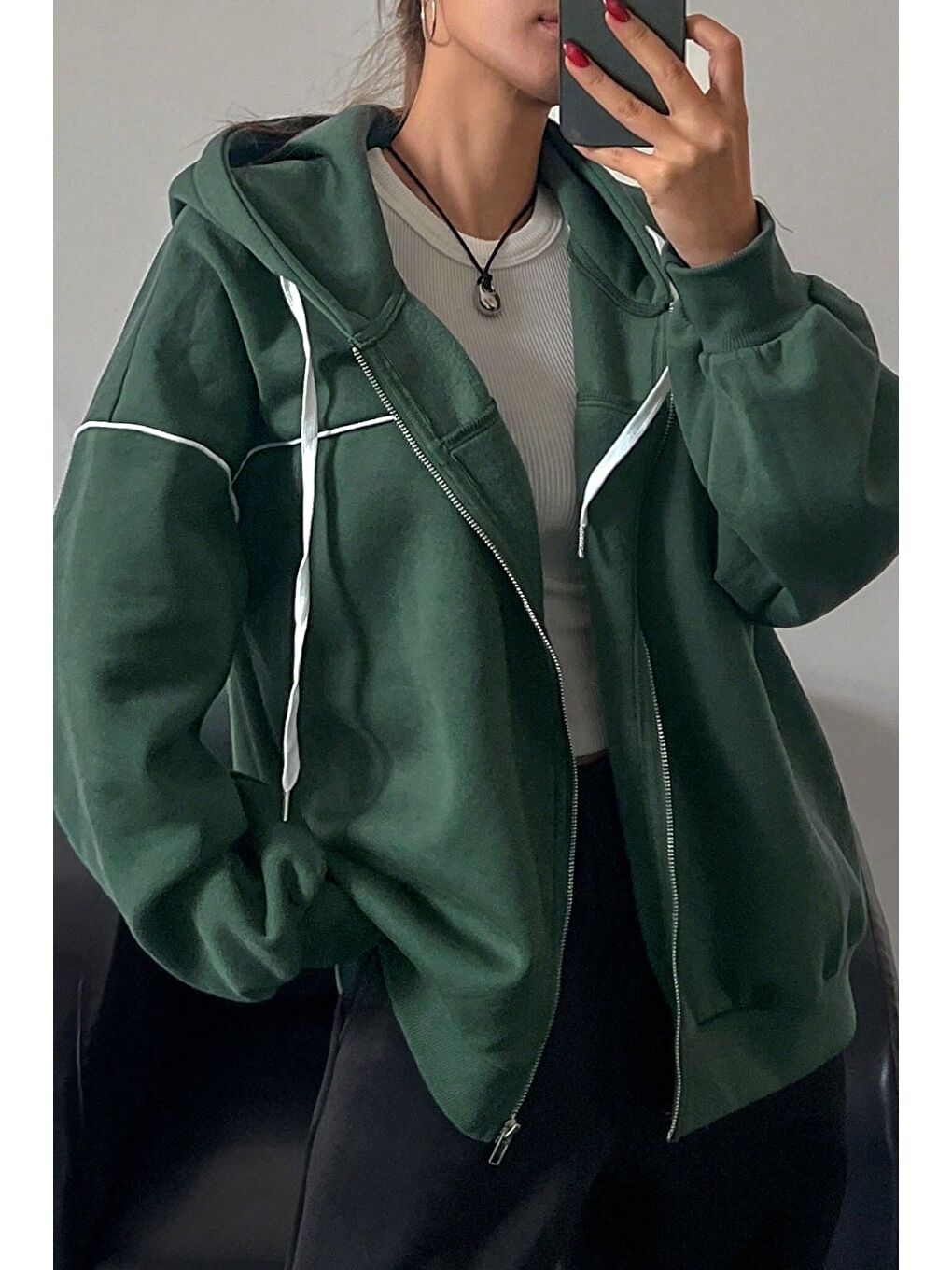 Kadın Nefti Yeşil Biye Detay Kapüşonlu Hırka-1