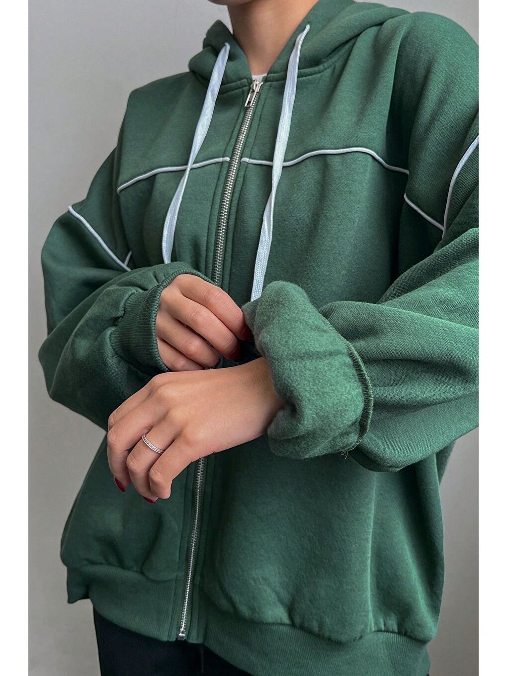 Kadın Nefti Yeşil Biye Detay Kapüşonlu Hırka-2