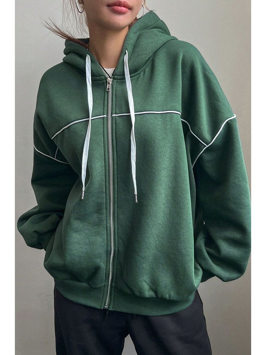 Kadın Nefti Yeşil Biye Detay Kapüşonlu Hırka-3
