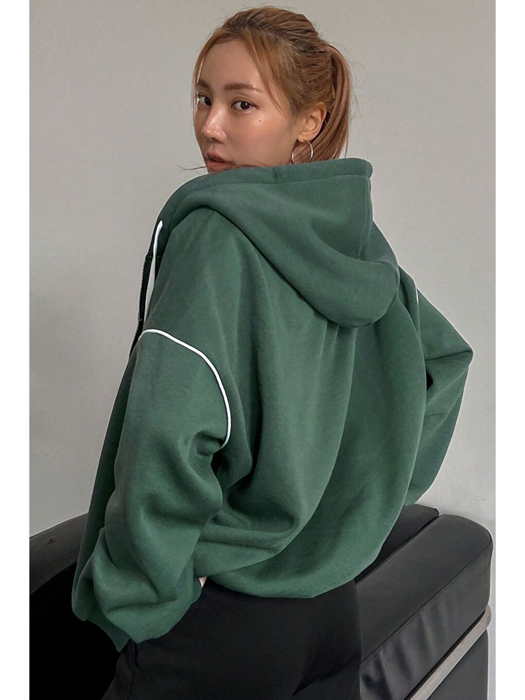 Kadın Nefti Yeşil Biye Detay Kapüşonlu Hırka-4