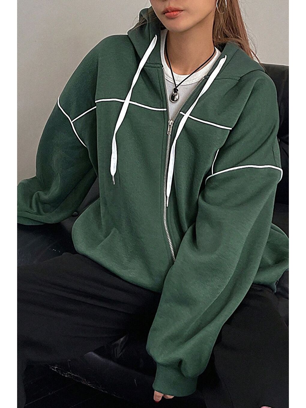 Kadın Nefti Yeşil Biye Detay Kapüşonlu Hırka-5