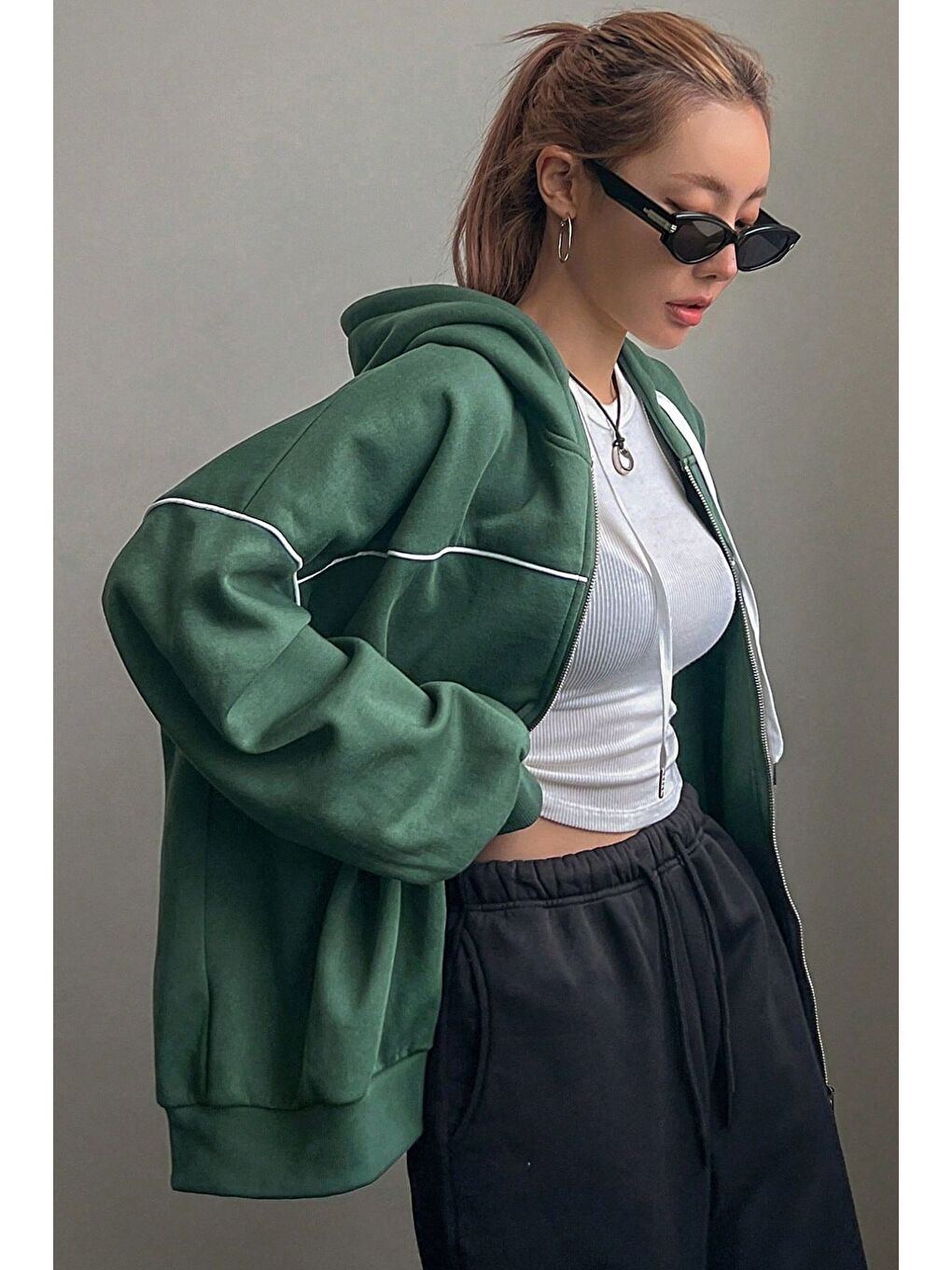 Kadın Nefti Yeşil Biye Detay Kapüşonlu Hırka-6