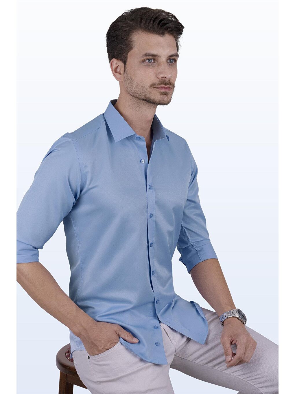 Etikmen Şeker Mavisi Saten Slimfit Erkek Gömlek - 1