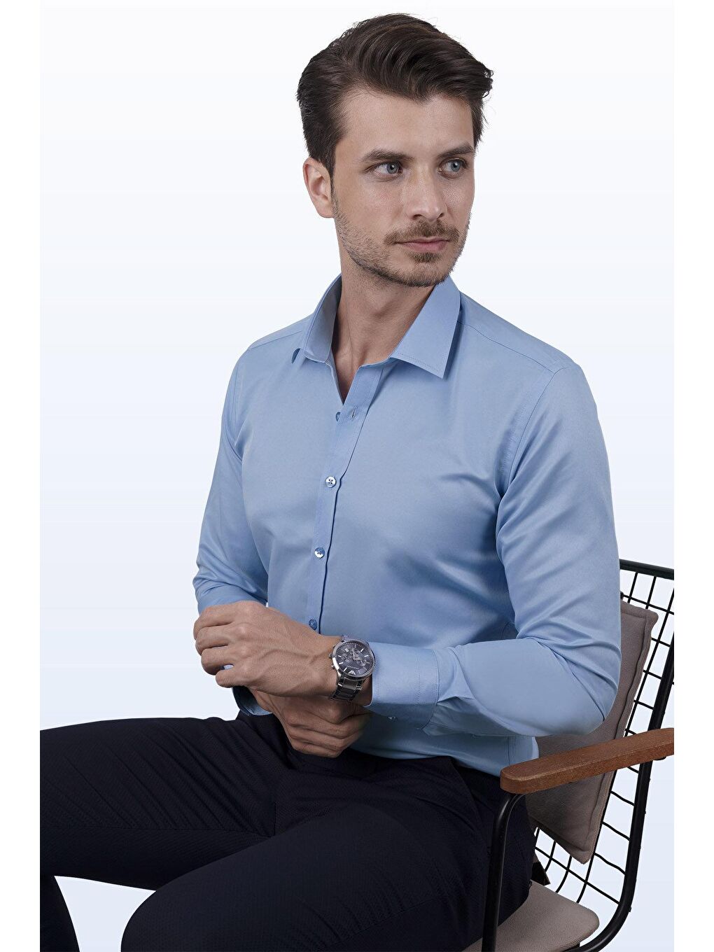 Etikmen Şeker Mavisi Saten Slimfit Erkek Gömlek - 2