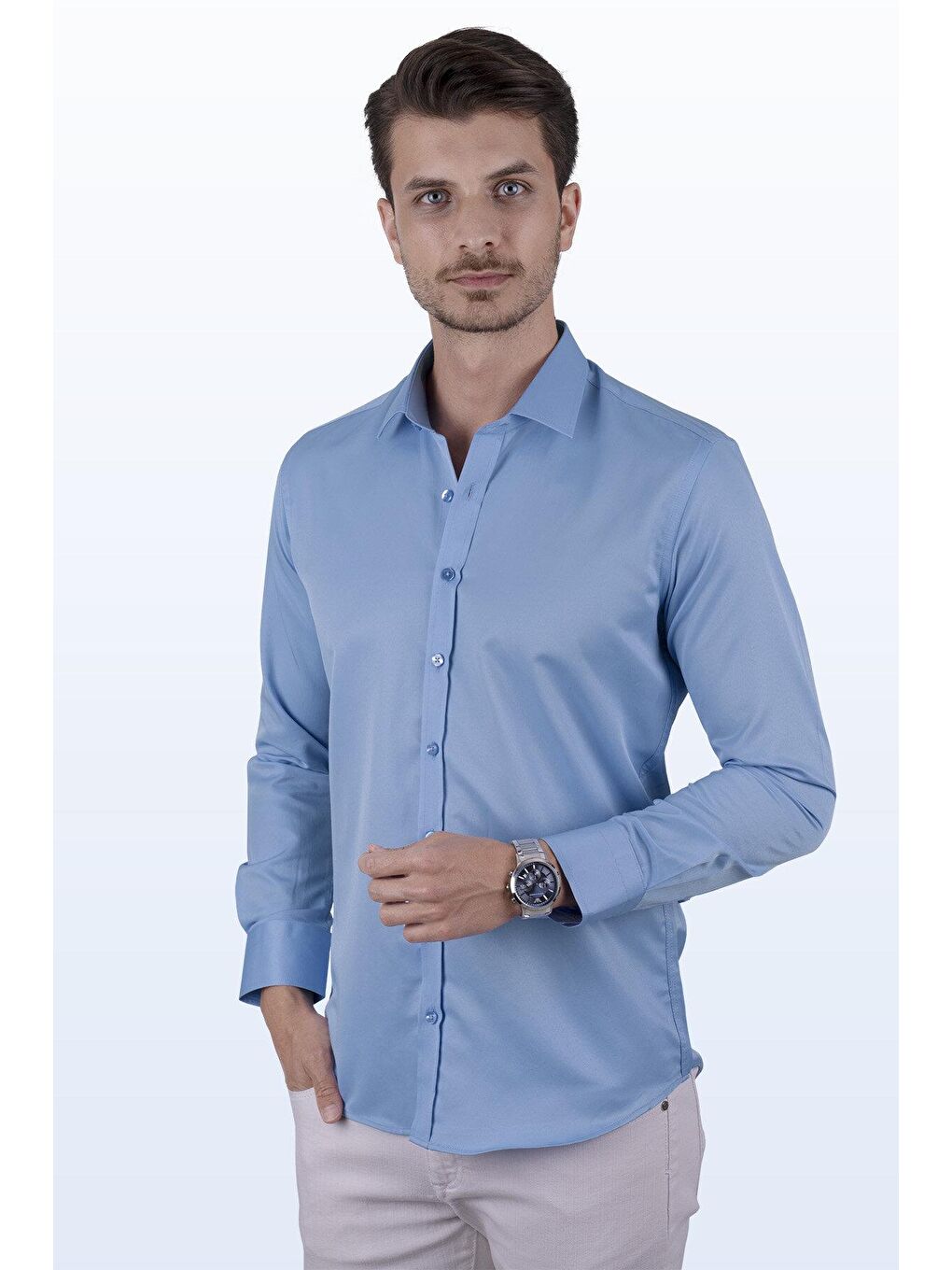 Etikmen Şeker Mavisi Saten Slimfit Erkek Gömlek