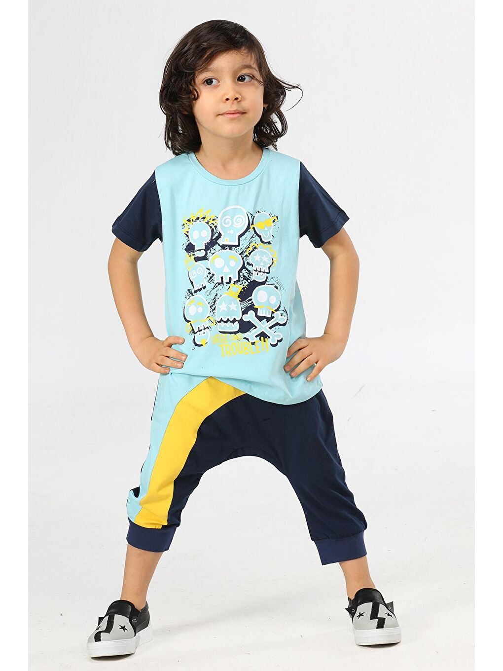 LupiaKids Su Yeşili Skull Travel Kapri+T-Shirt Takım