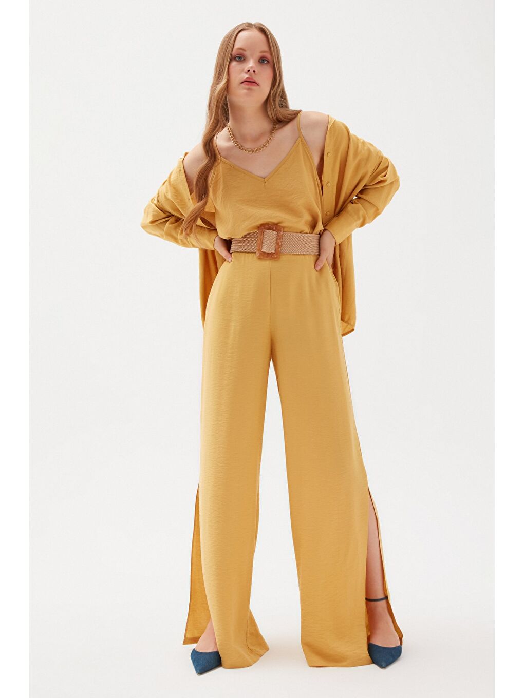 Yırtmaçlı Keten Pantolon - Sarı-1