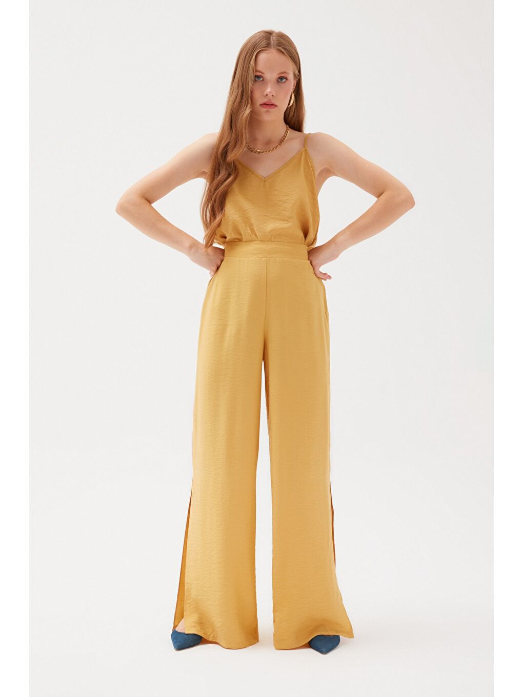 Yırtmaçlı Keten Pantolon - Sarı-2