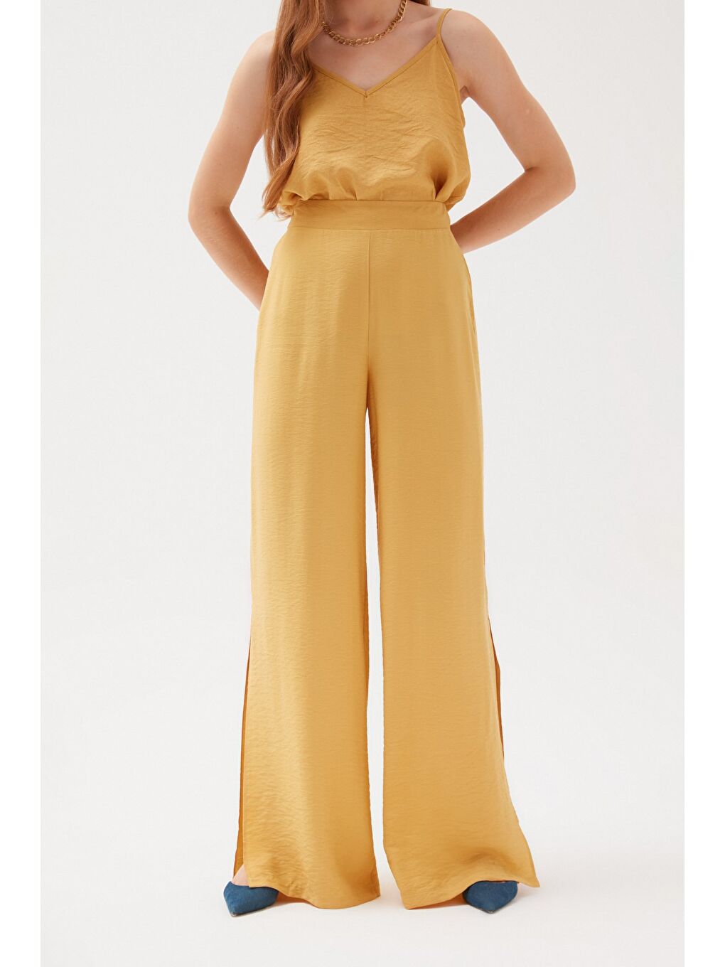 Yırtmaçlı Keten Pantolon - Sarı-3