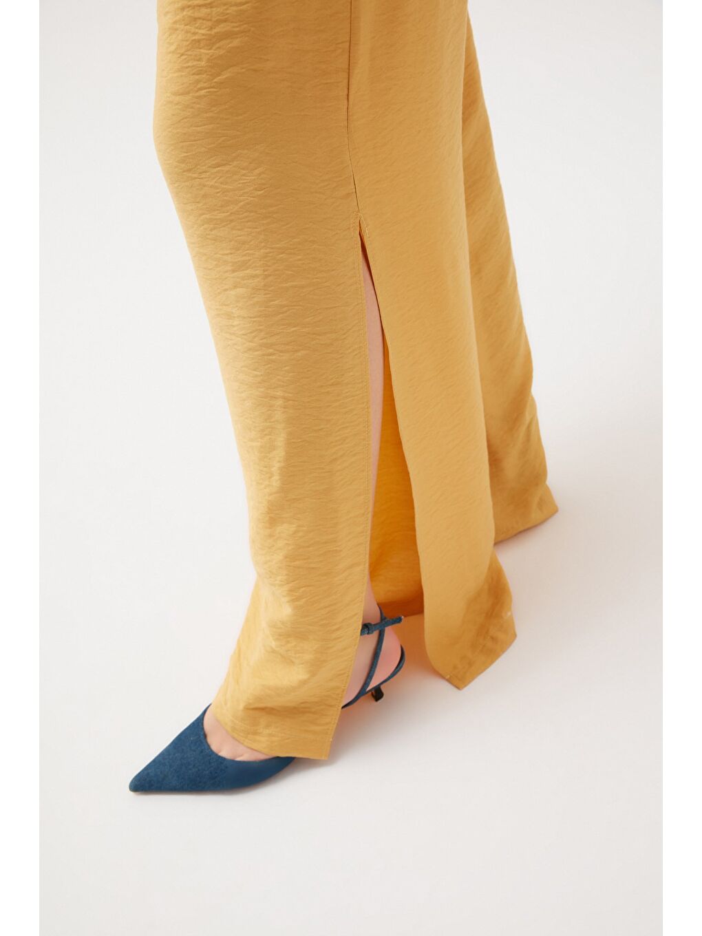 Yırtmaçlı Keten Pantolon - Sarı-4