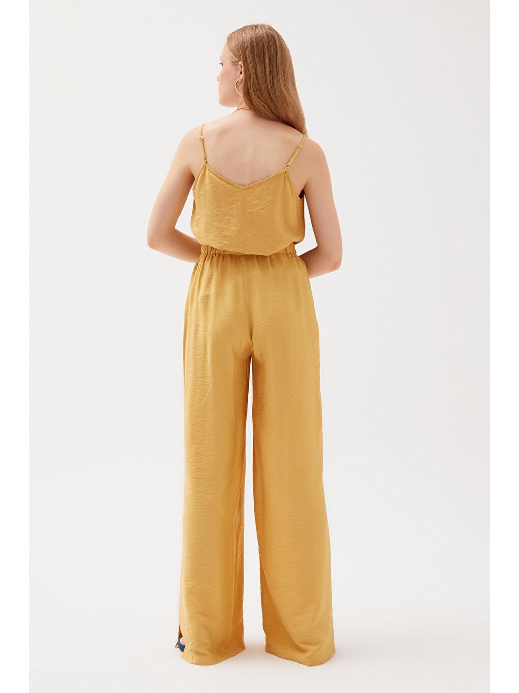 Yırtmaçlı Keten Pantolon - Sarı-5