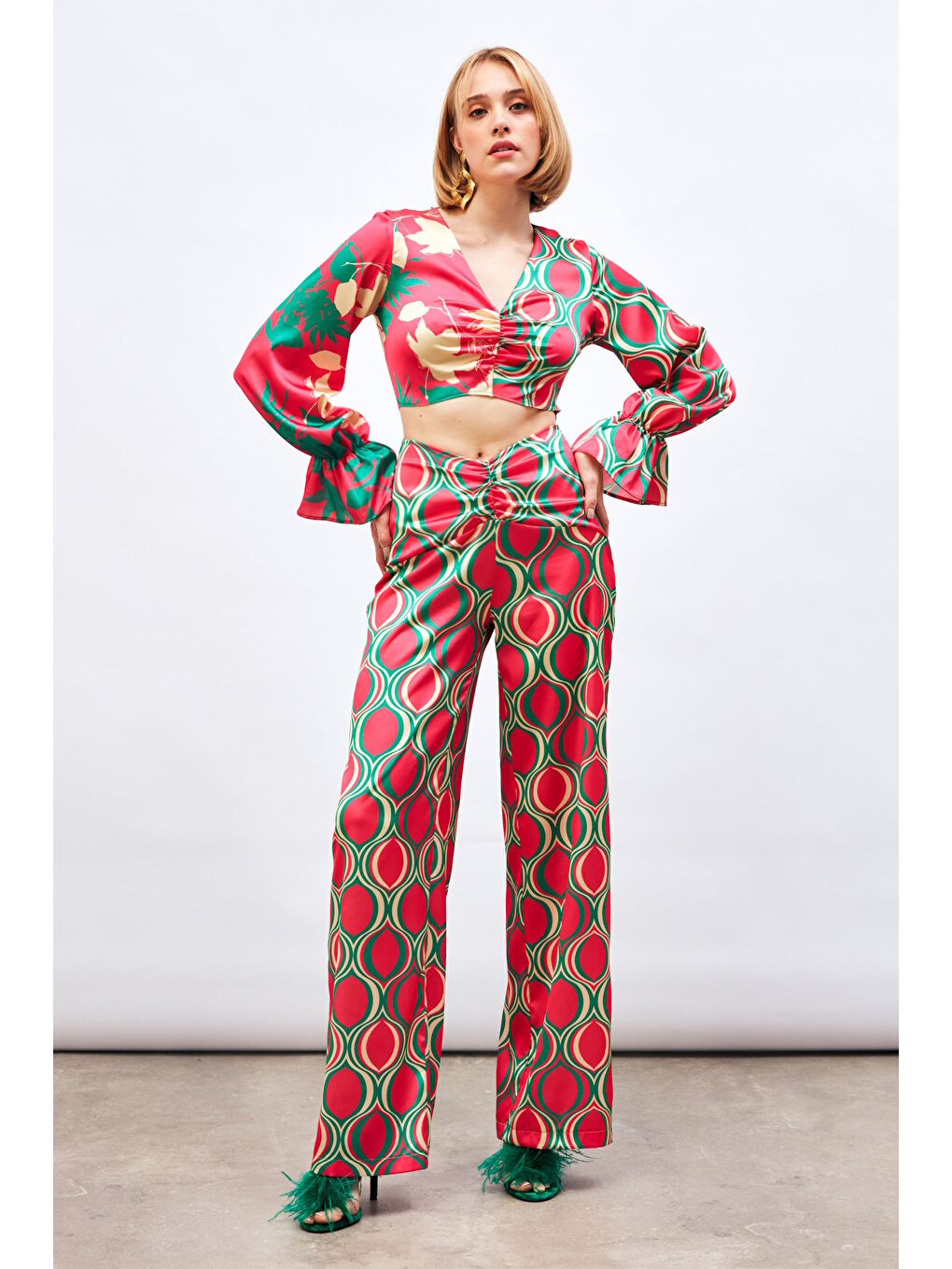 Ön Büzgülü Desenli Salaş Pantolon - Fuşya