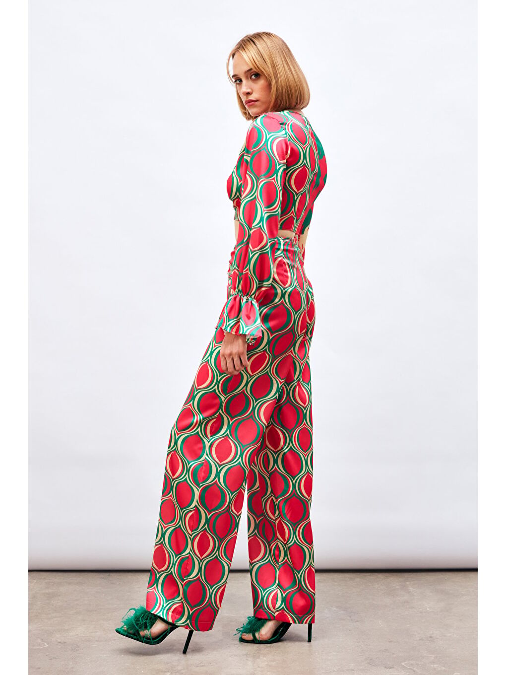 Ön Büzgülü Desenli Salaş Pantolon - Fuşya-1