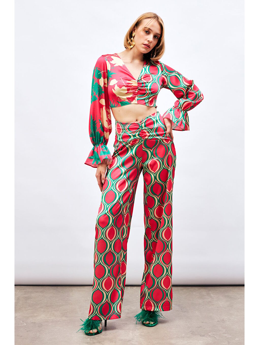 Ön Büzgülü Desenli Salaş Pantolon - Fuşya-2