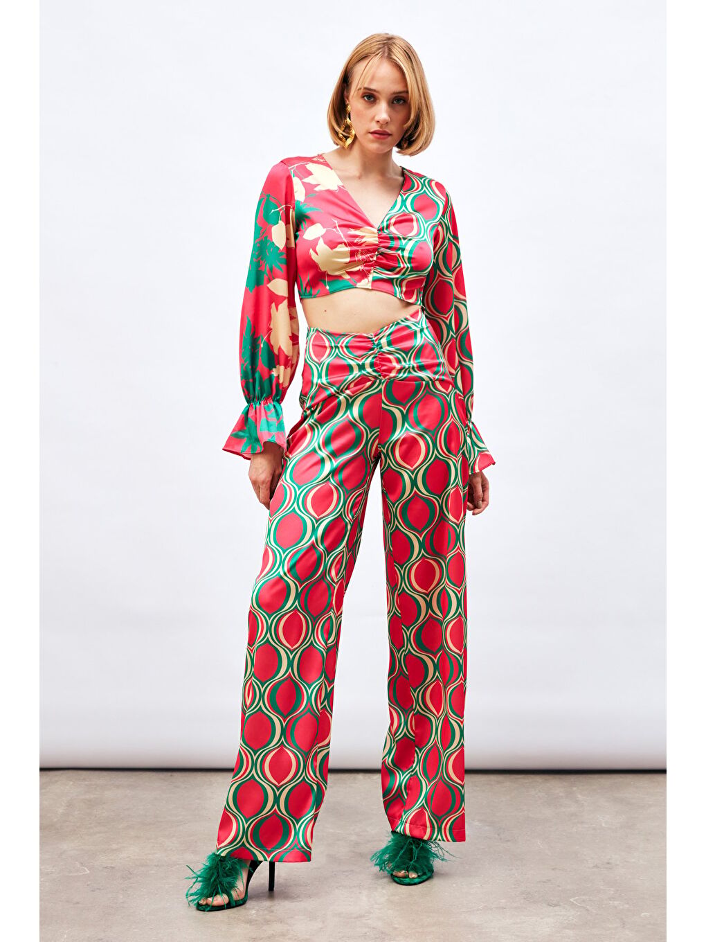 Ön Büzgülü Desenli Salaş Pantolon - Fuşya-3