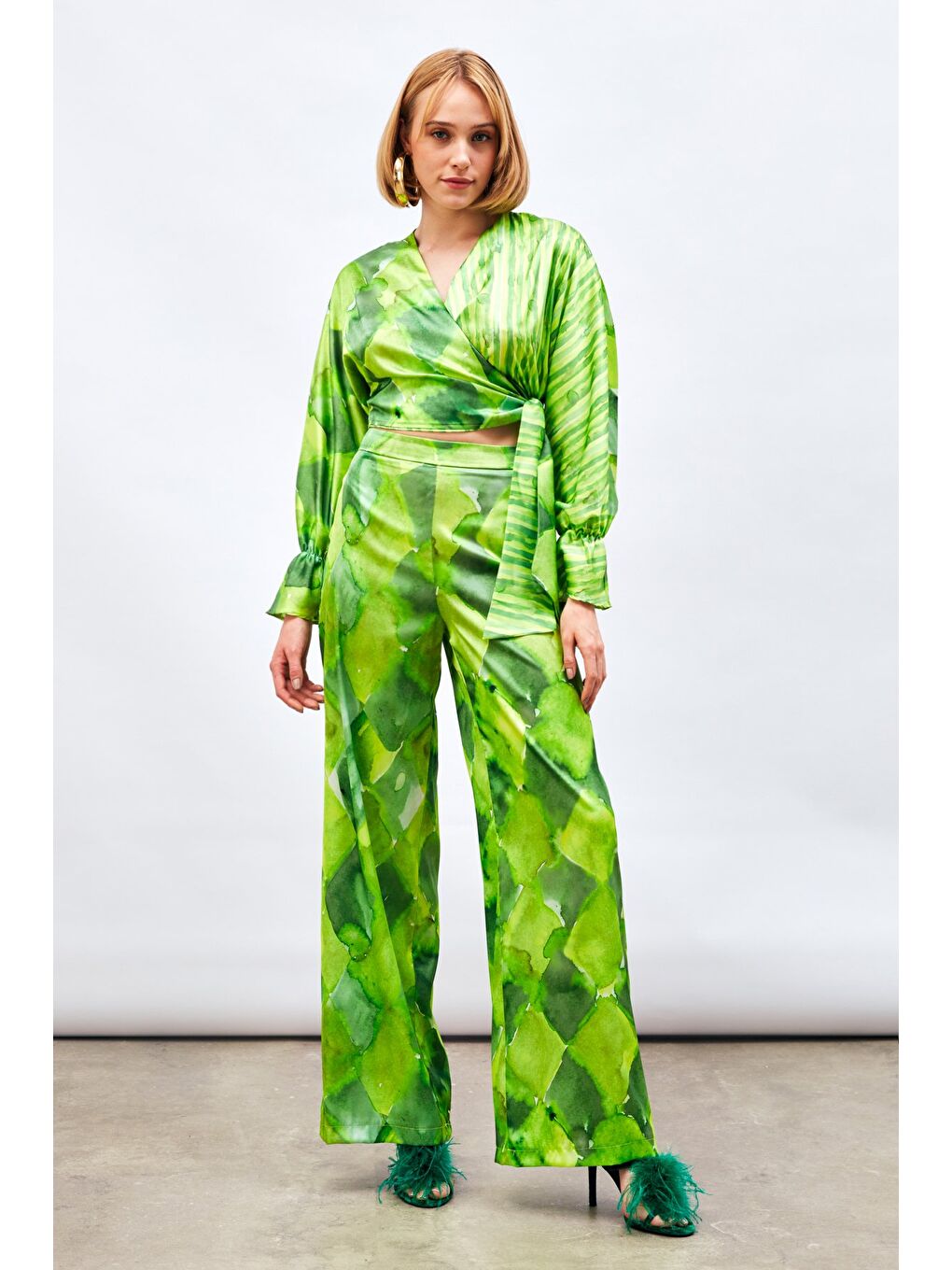 Yüksek Bel Desenli Pantolon - Yeşil-1