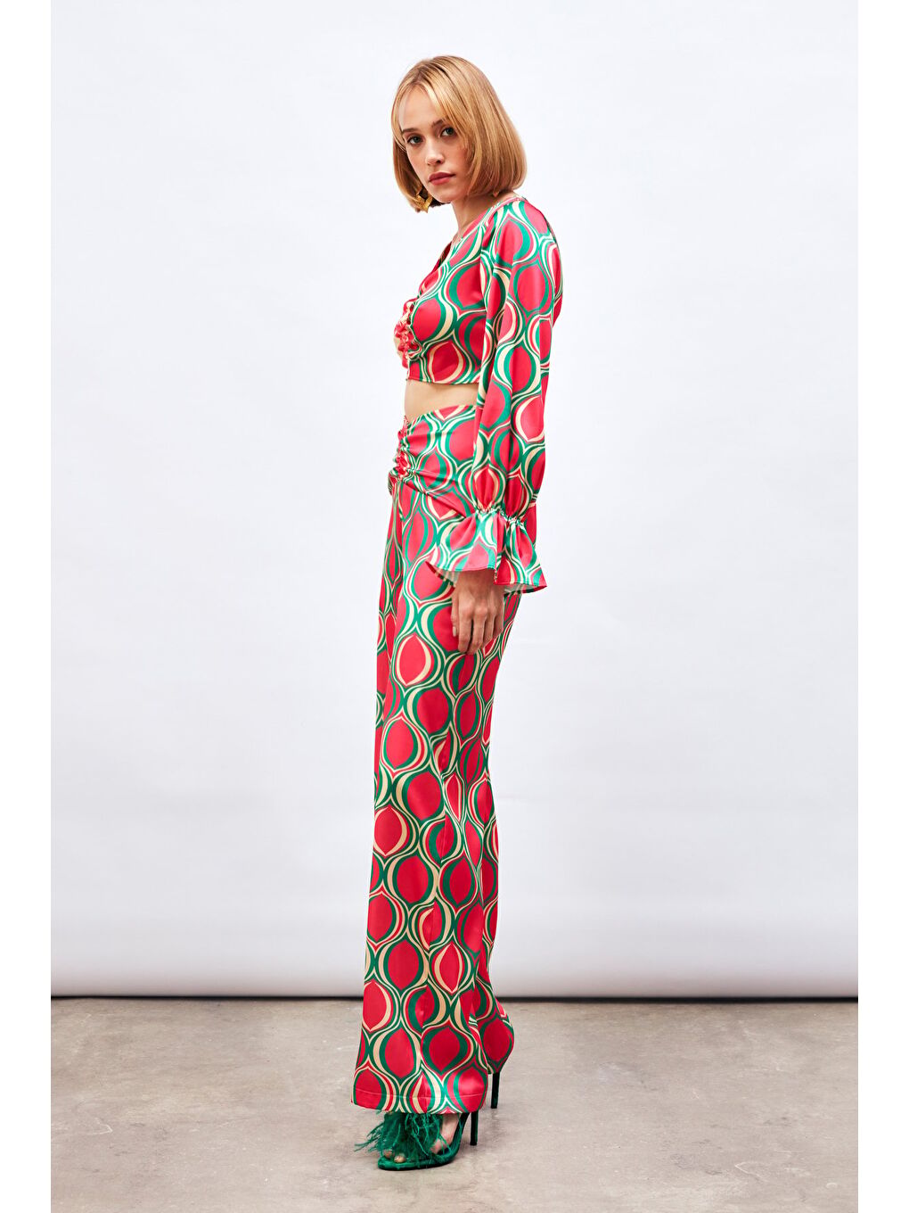 Ön Büzgülü Desenli Salaş Pantolon - Fuşya-4