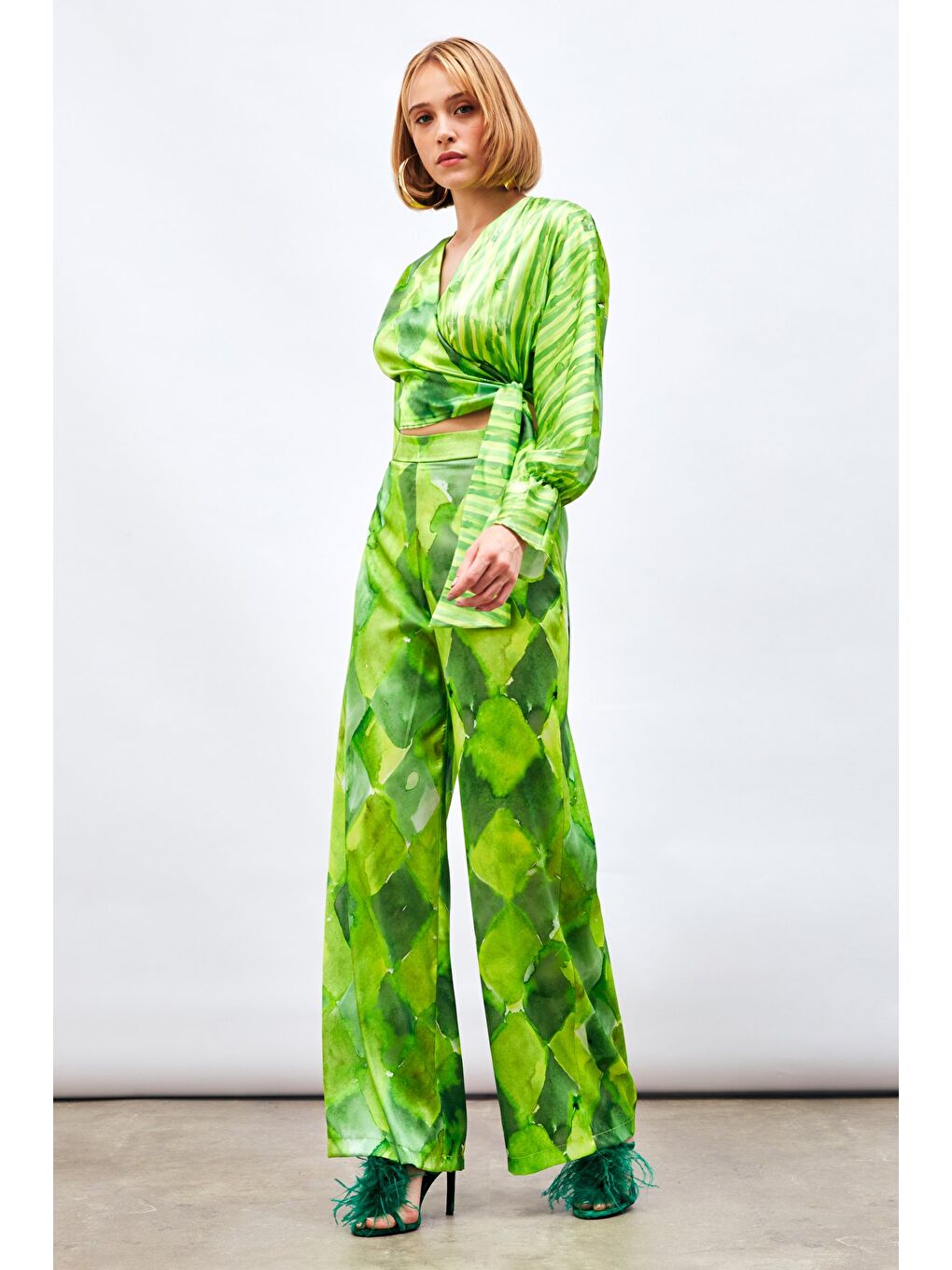 Yüksek Bel Desenli Pantolon - Yeşil-2