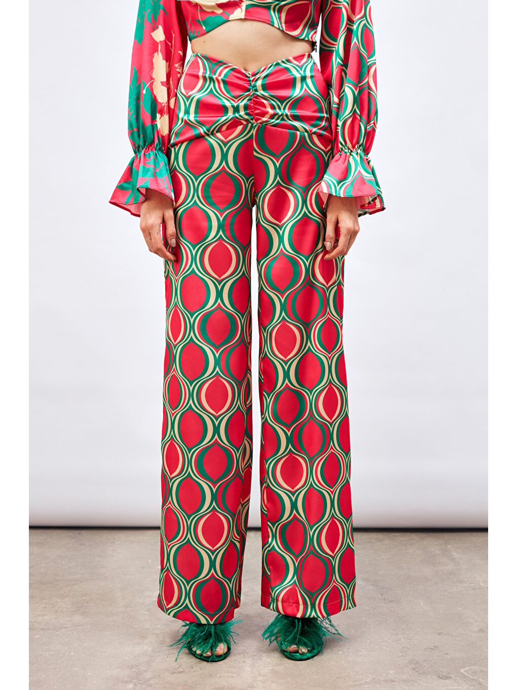 Ön Büzgülü Desenli Salaş Pantolon - Fuşya-5