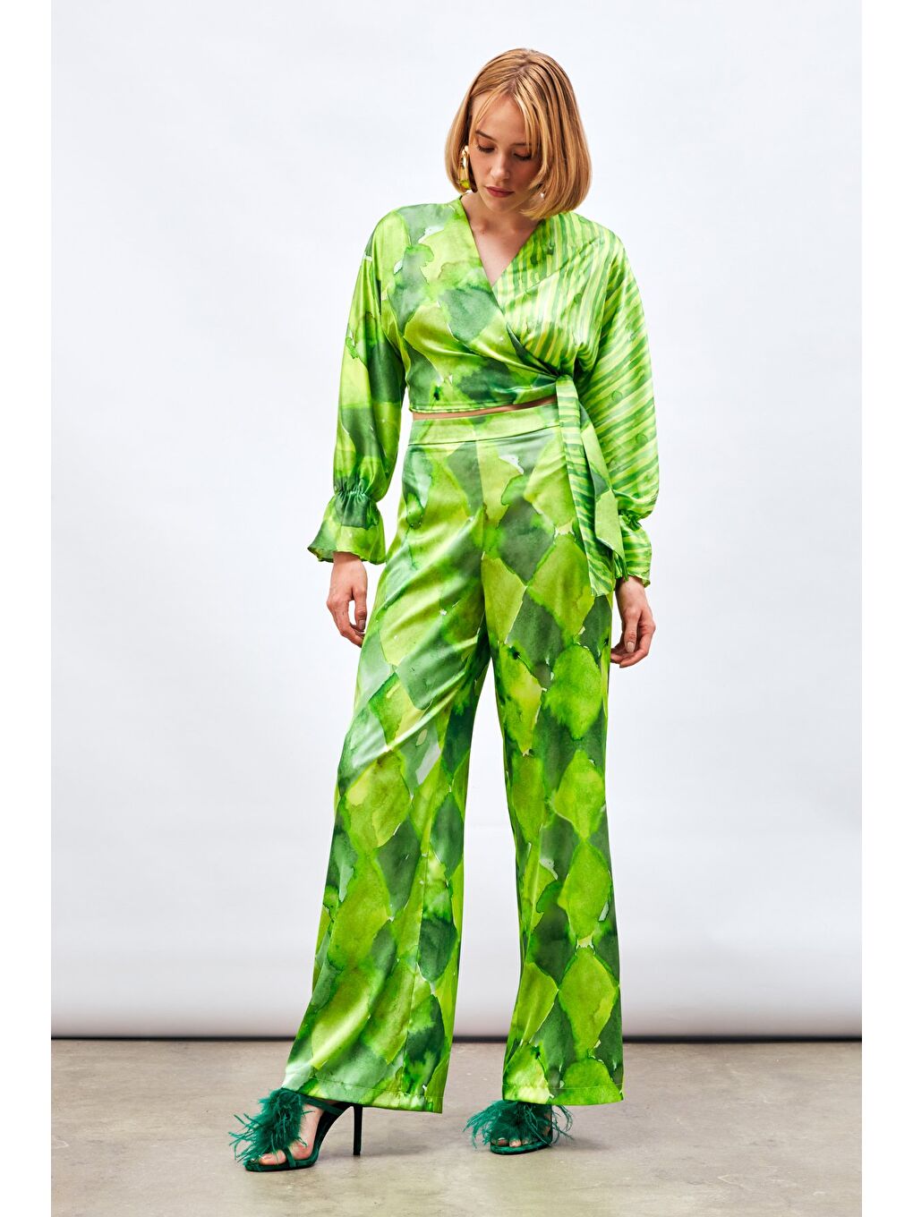 Yüksek Bel Desenli Pantolon - Yeşil-3