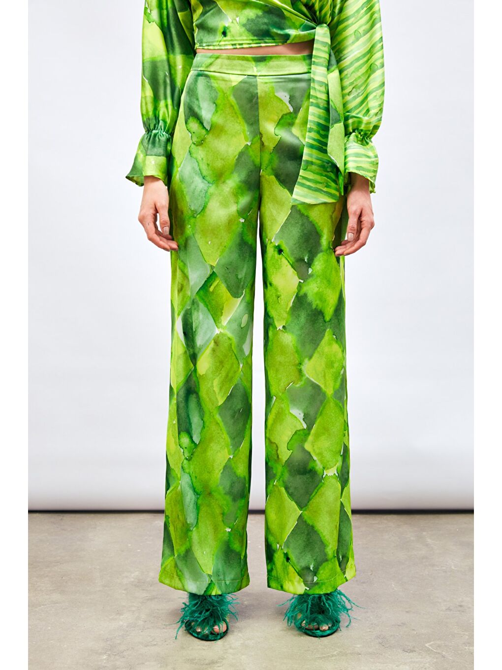 Yüksek Bel Desenli Pantolon - Yeşil-4