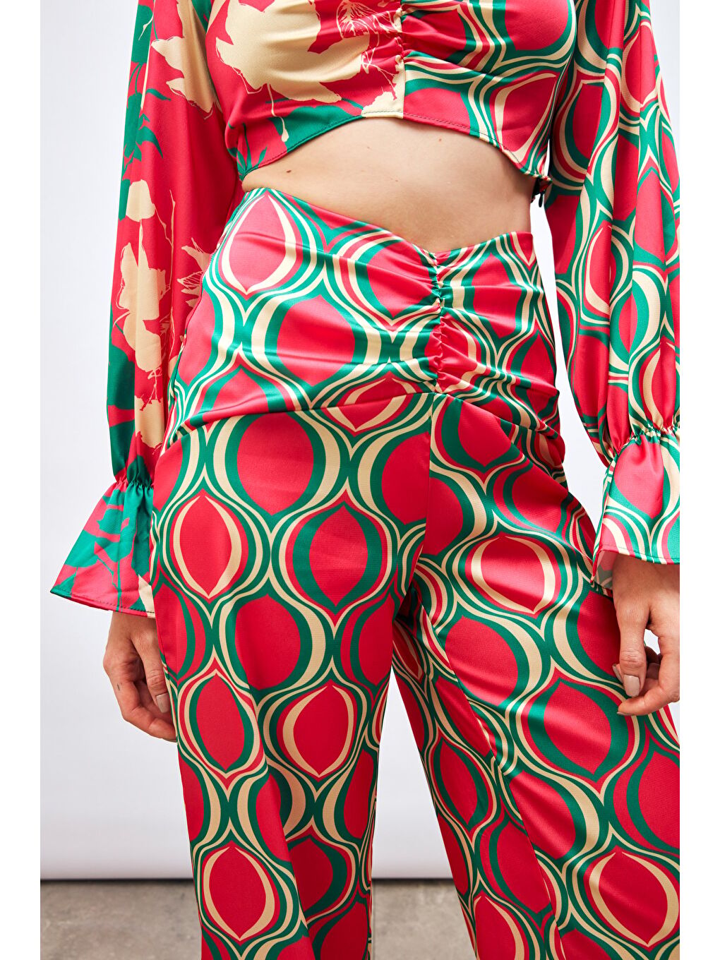 Ön Büzgülü Desenli Salaş Pantolon - Fuşya-6