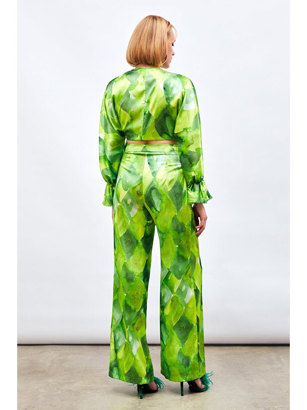 Yüksek Bel Desenli Pantolon - Yeşil-6