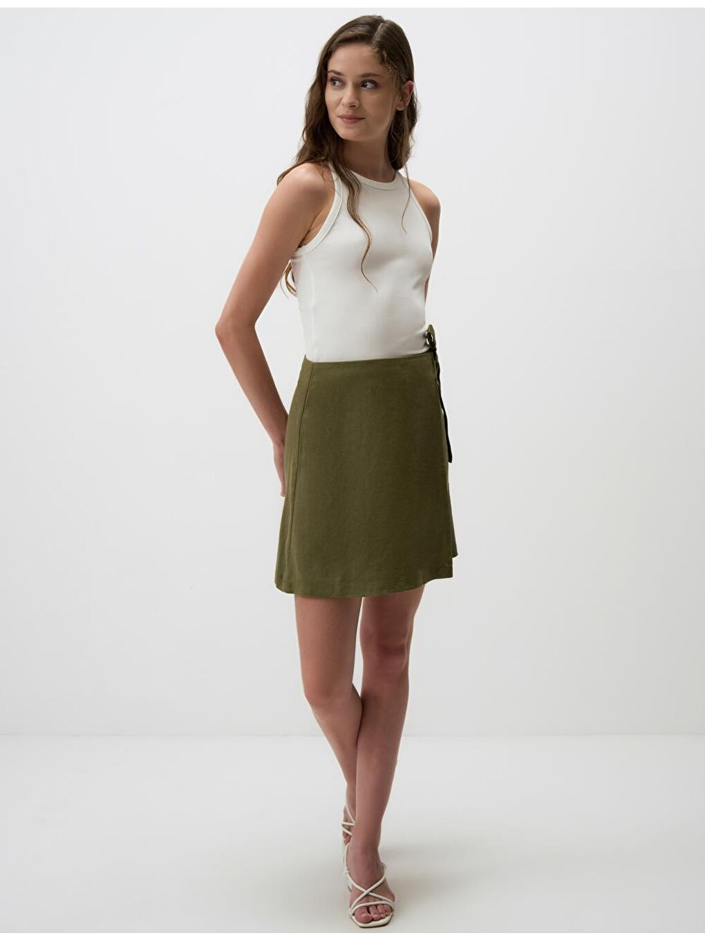 Haki Yüksek Bel Bağlamalı Keten Etek-1