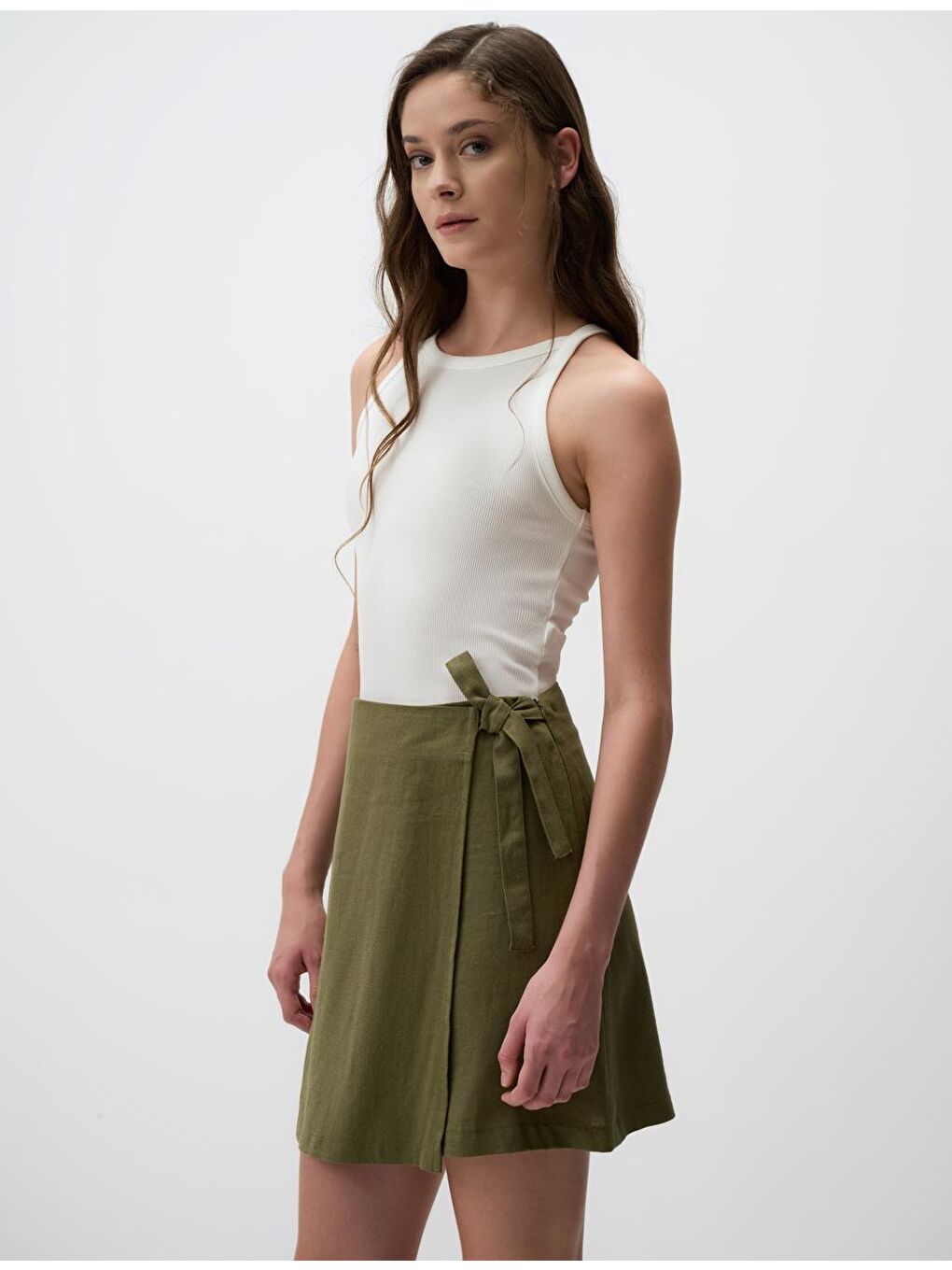 Haki Yüksek Bel Bağlamalı Keten Etek-2