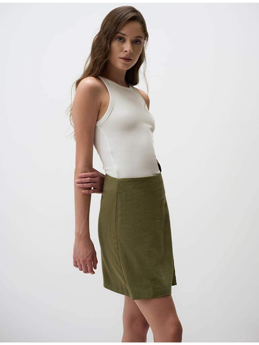 Haki Yüksek Bel Bağlamalı Keten Etek-3