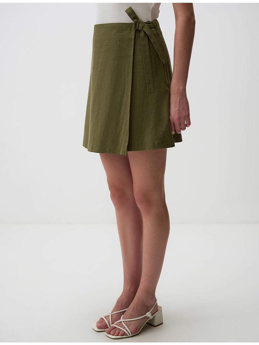 Haki Yüksek Bel Bağlamalı Keten Etek-4