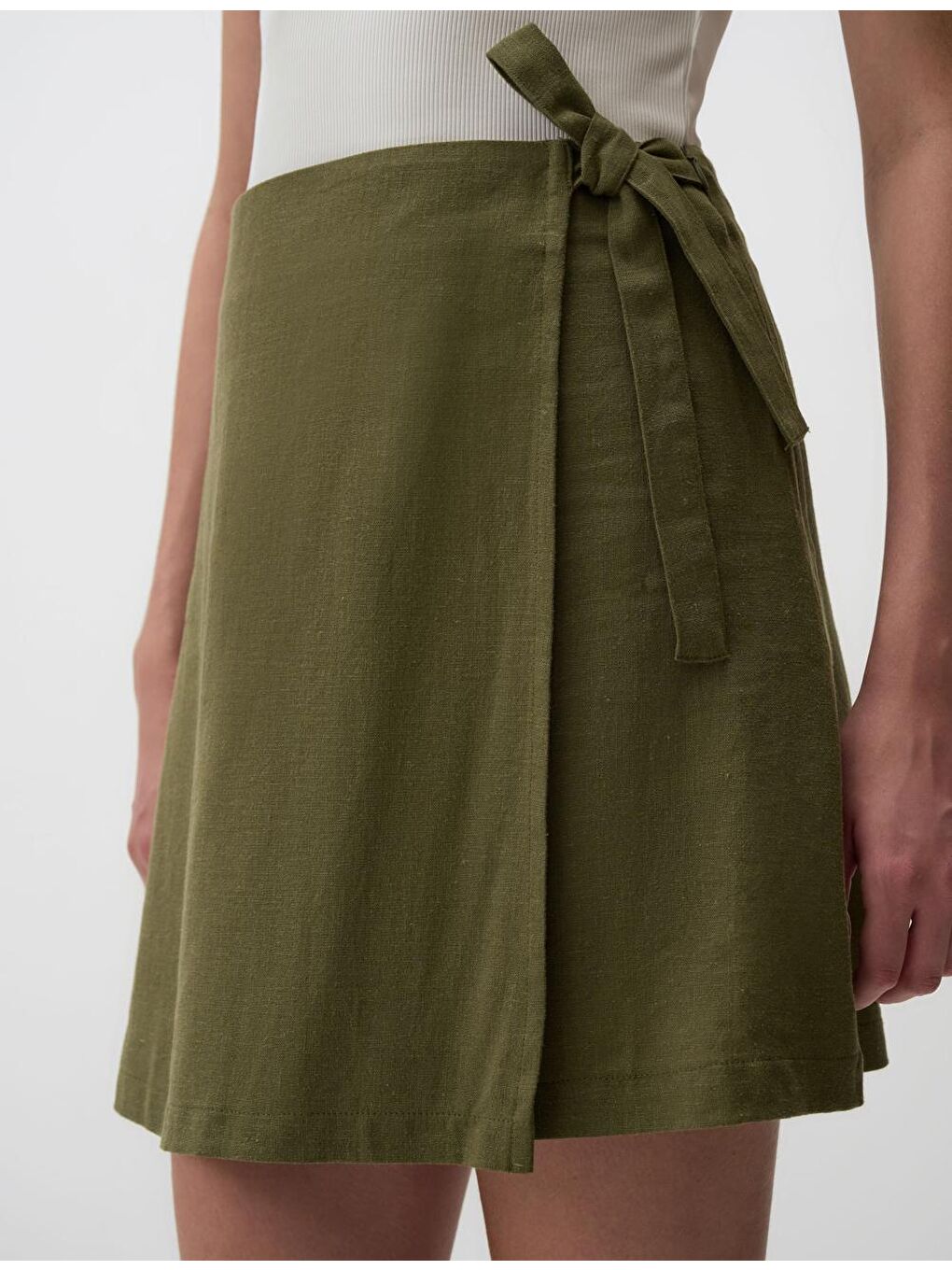 Haki Yüksek Bel Bağlamalı Keten Etek-5