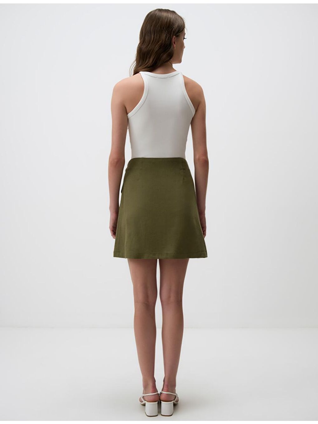 Haki Yüksek Bel Bağlamalı Keten Etek-6