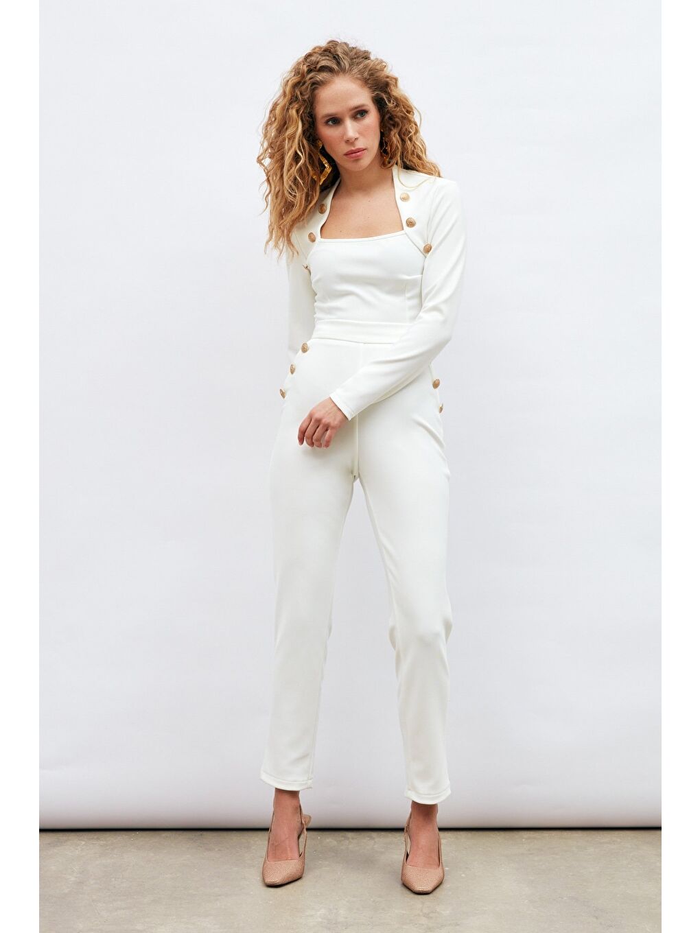 Düğme Detaylı Pantolon - Ekru-3