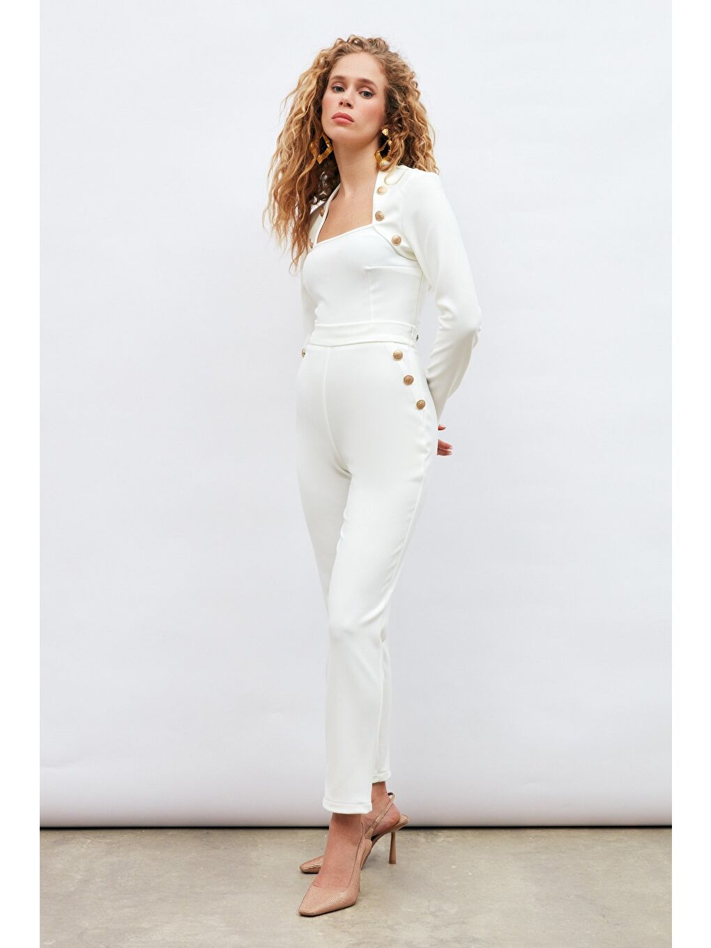 Düğme Detaylı Pantolon - Ekru-4