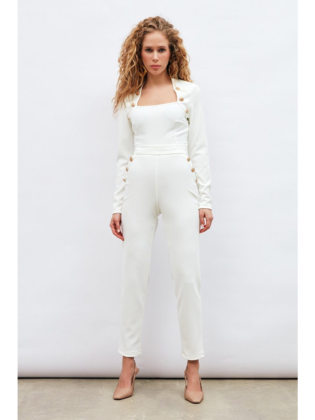Düğme Detaylı Pantolon - Ekru-5
