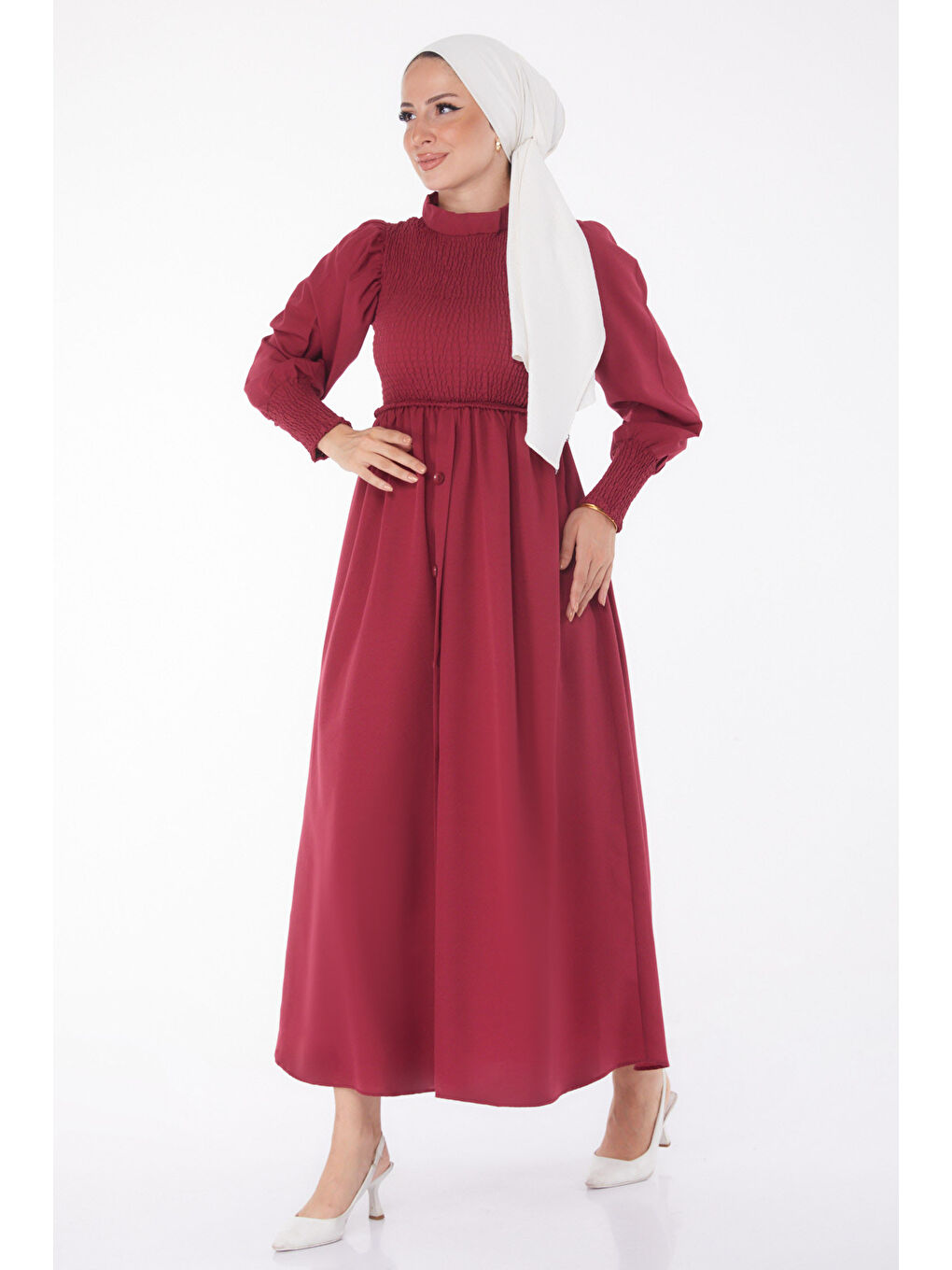 Gipeli Düğmeli Elbise Bordo - 13163-1